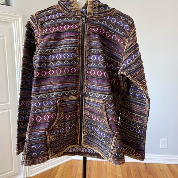 Women's made in Nepal ripped razor cut hoodie zippered front jacket Y2K size L - Picture 7 of 12